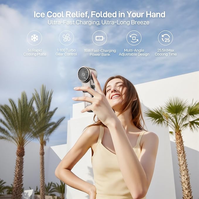 EPICKA Portable Handheld Fan with Ice Cooler - 25H Runtime, Rechargeable 6800mAh Personal Turbo Fan with Power Bank, Fast Charging, 0-100 Speed, Gifts for Women, Summer Travel Essentials, Gold