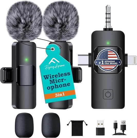 APSARAS USA 3 in1 Wireless Lavalier Microphonefor Phone,Android,Camera,Lavalier Microphonefor USB C,Wireless Microphone,7-Hour Battery,Noise Canceling Lapel Mic for Interview Video