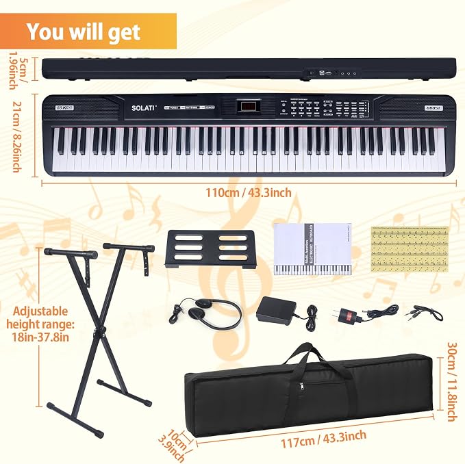 88 Key Piano Keyboard, Semi Weighted Electronic Digital Piano with Music Stand, Power Supply, Sustain Pedal, Bluetooth, Stand, MIDI, for Beginner Professional at Home, Stage