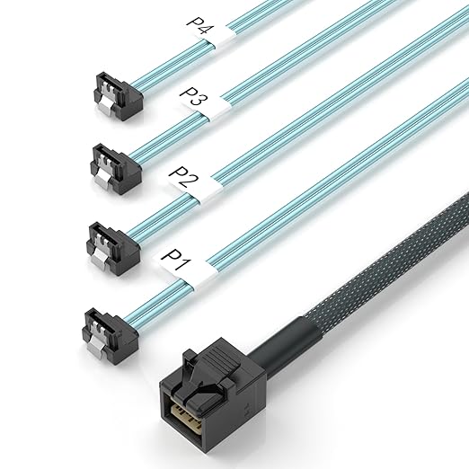 10Gtek MiniSAS HD SFF-8643 Breakout to 4xSATA Cable, for Server JBOD/Storage Tray & SAS RAID Controller Compatibility, SATA Right Angle, 1m(3.3ft)