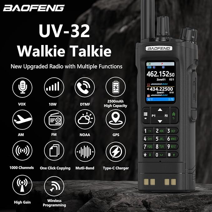 BAOFENG UV32 Radio 10W Walkia Talkie GPS Two Way Raido USB-C Charging Multi-Band FM/AM UV-32 Handheld Radio