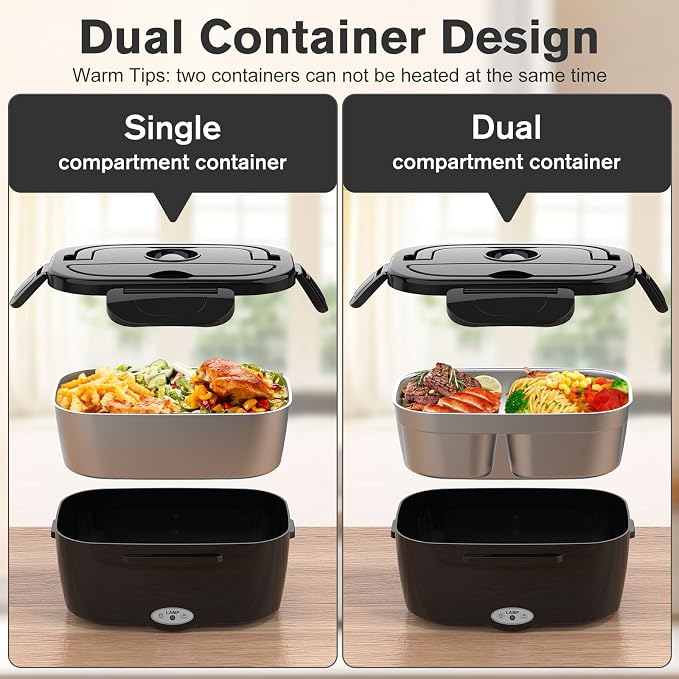 Vabaso Electric Lunch Box for Adults, 80W Heated Lunch Box with Dual 1.5L Stainless Steel Containers, Portable Food Warmer for Men Work Car Truck, 12V/24V/110V/220V -Black