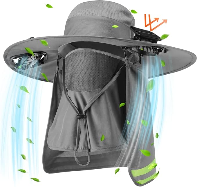 Sun Hat with Fan for Women Men Wide Brim Fishing Solar Hat with Face Cover Neck Flap Reflective with Dual Power
