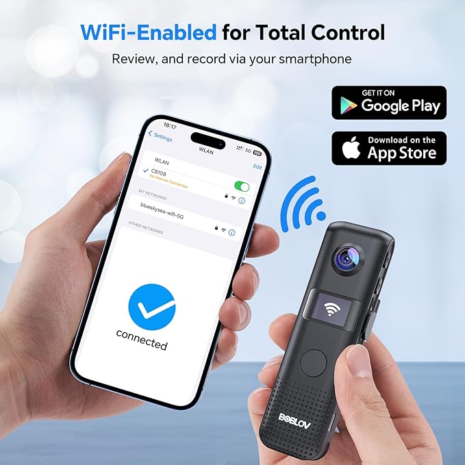 BOBLOV C18 128G WiFi Body Camera: One-Touch Recording and Small OLED Screen for User Friendly, 4Hours Recording, 1080P Wearable Cam with 1/4" Tripod Thread for Biking, Security, Personal Use