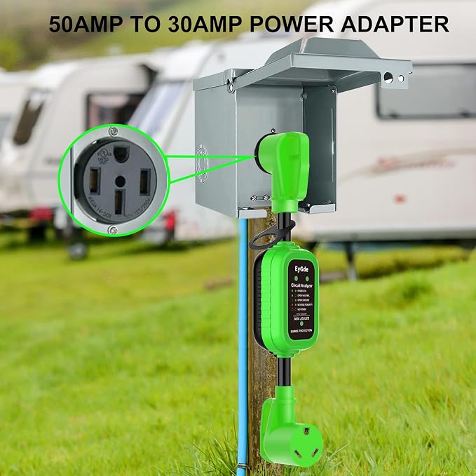 EyGde 50 Amp to 30 Amp RV Adapter with Surge Protector, Patented 5000Joules NEMA 14-50P to NEMA TT-30R RV Adapter Plug 16.3 Inch, Circuit Analyzer Power Guard for Camper Travel Trailer, Green