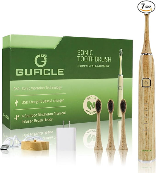 Bamboo Electric Toothbrush, Sonic Electric Bamboo Toothbrush for Adults, IPX7 Waterproof Rechargeable Toothbrush, 5 Cleaning Modes, 4 Bamboo Brush Heads Soft Bristle