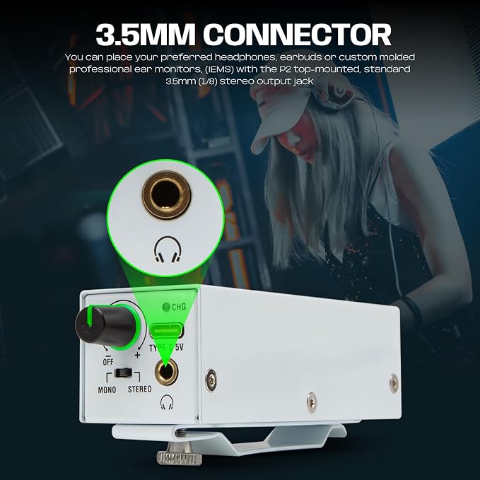 Bolanle P2 USB-C Portable in-Ear Monitor Amplifier, 5V DC/AAA Battery, XLR/TRS Input 3.5mm Output, 7-Color LED, Stereo/Mono Switch for Keyboardists, Drummers, Live Stage