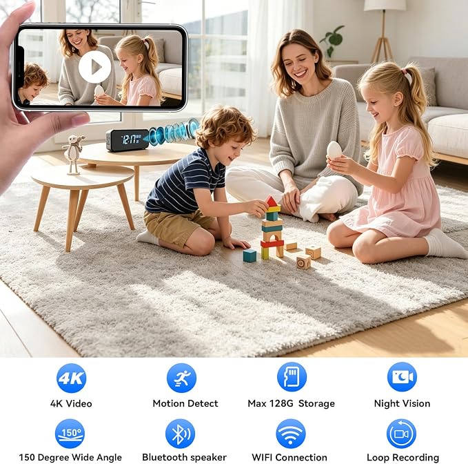 4K Hidden Camera Alarm Clock with Bluetooth, WiFi Wireless Nanny Cam for Home Security with Night Vision, Motion Detection, Remote Live Stream