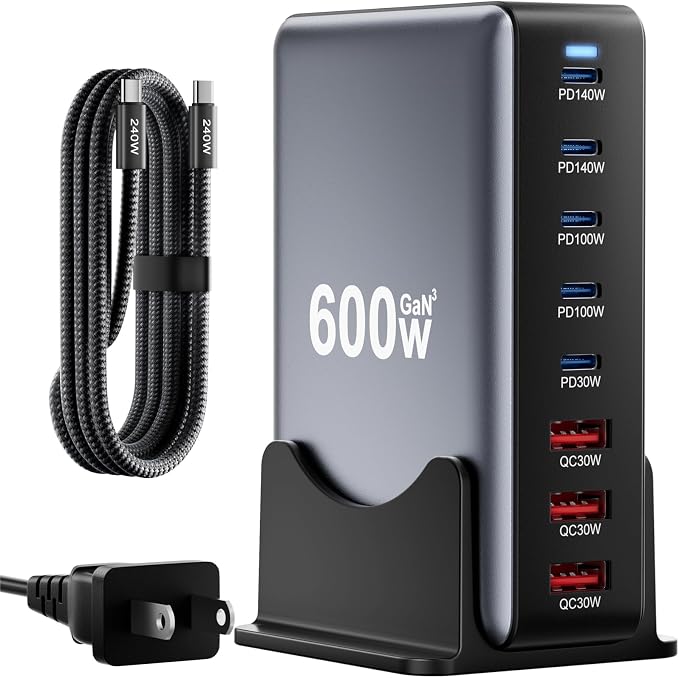 600W Fast Charging 8 Port USB C Charger Block with Nylon Fast Charging Cable, Multi-Device Charging Station Wall Desktop Charger with GaN Ⅲ Technology, USB-C Charger Adapter for MacBook/iPad/iPhone 17