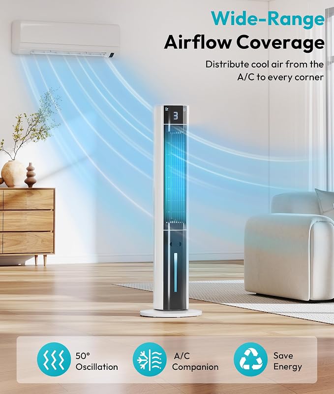 Rellytech Evaporative Air Cooler - Swamp Cooler with 3L Water Tank, 3 Modes & 3 Speeds, Remote Control, 12H Timer, 50° Oscillating Portable Bladeless Cooling Tower Fan For Room Bedroom Office
