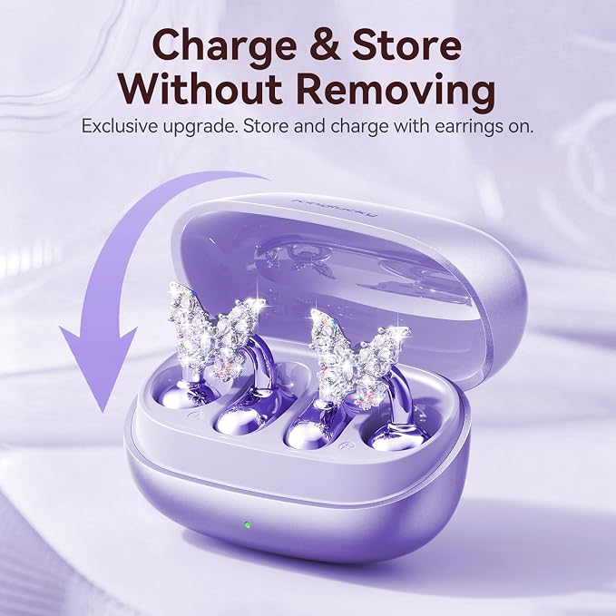 Kinglucky Gen2 Clip-On Earbuds with Butterfly Earrings, Charge & Store Without Removing Earrings, Comfortable Fit & 40H Playtime Bluetooth Open Ear Headphones for Women, Small Ears, Gifts (Purple)