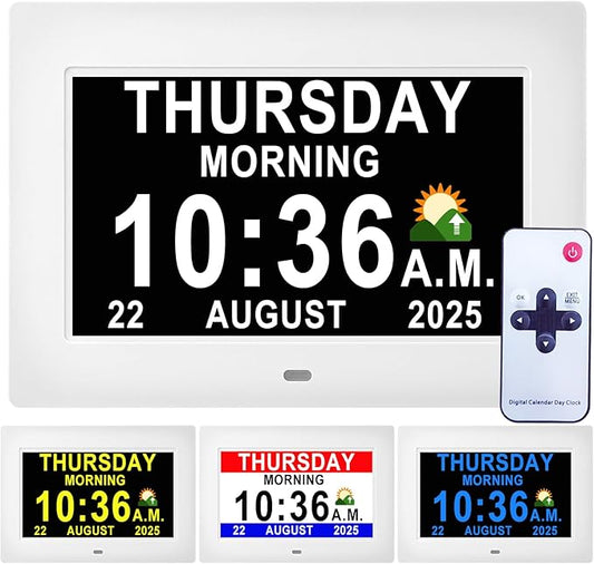 MASSII 𝗨𝗽𝗴𝗿𝗮𝗱𝗲𝗱 Dementia Clock 27 Alarms with Auto DST, DIY Custom Reminders,10 Auto-Dim Options, Non-Abbreviated Digital Clock for Elderly, Memory Battery Included (7 Inch with Remote)