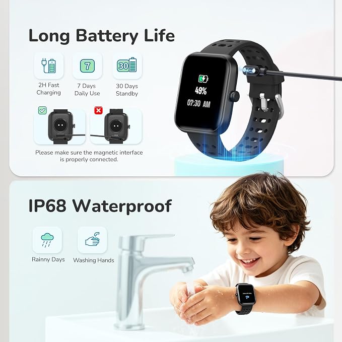 Smart Watch Kids Fitness Tracker, Kids Smart Watch with Health Monitor, Activities Track & Water/Rest/Task Reminder, IP68 Waterproof Smartwatch with Puzzle Games, Boys Gift for Birthday-Black(2 Bands)