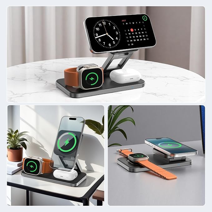 3 in 1 Magnetic Wireless Charger for Multiple Devices, Fast Foldable Travel Mag-Safe Charger Stand for iPhone 17 16 15 14 13 12, Wireless Charging Station for iWatch Series, for AirPods Black