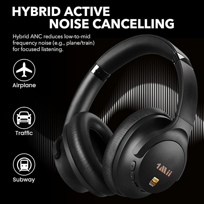 1Mii Y8+ Noise Cancelling Headphones Bluetooth 6.0 Over-Ear Wireless,Black | Hybrid ANC, 100hr Playtime, Comfortable, LDAC Hi-Res Audio, Deep Bass, Custom EQ via APP for Airplane Travel