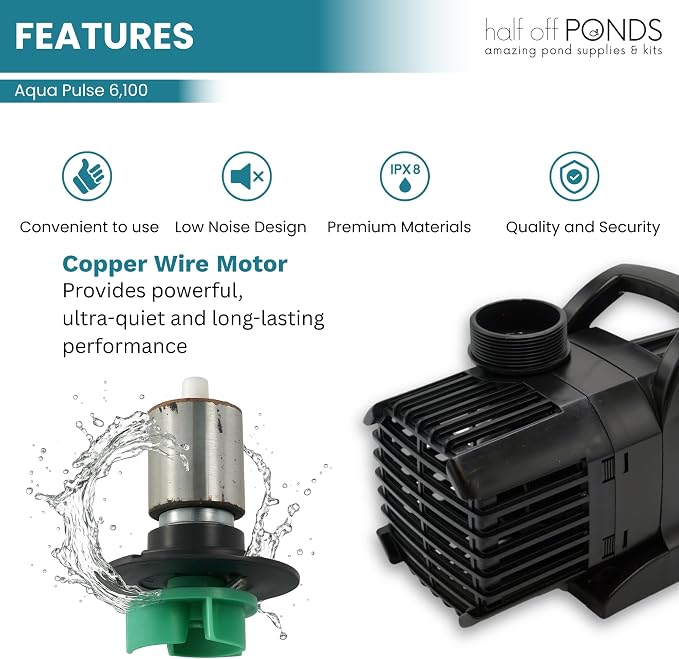 Aqua Pulse Submersible Pond Pump, 6,100 GPH, 33 ft Cord | 24 ft max head, 354W energy efficient, Ultra quiet, For koi ponds, Waterfalls, Fountains