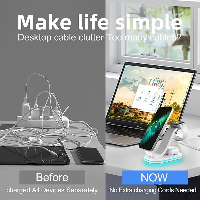 3 in 1 Charging Station for iPhone, 2026 New Fast 15W Wireless Charger Station Compatible Mag-Safe for iPhone 17 16 15 14 13 12 Wireless Charging Station for AirPods Wireless Charger for iWatch Series
