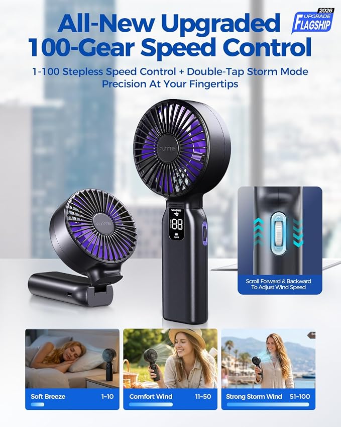 Funme Portable Handheld Fan, 10000mAh Rechargeable Personal Fan with 1-100 Speed Scroll Wheel Control, 46H Max Cooling, Boost Mode, LED Display, Metal Body, Foldable Desk Fan for Travel Outdoor, Blue