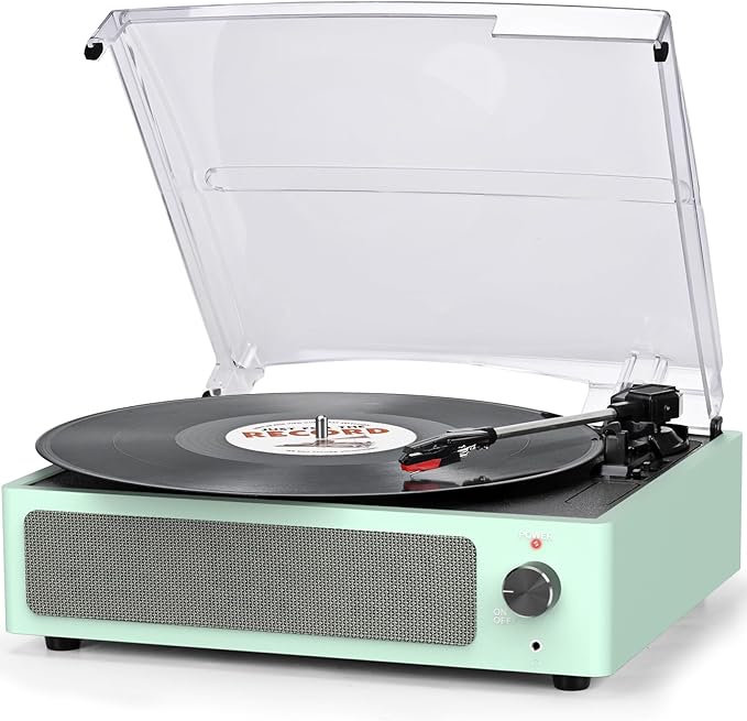 Record Player for Vinyl with Speakers Turntable Vinyls Records Belt-Driven Turntables 3-Speed 3 Size Wireless Bluetooth Headphone AUX-in RCA Line LP Vinyl Players Auto Stop New Sleek Pale Green