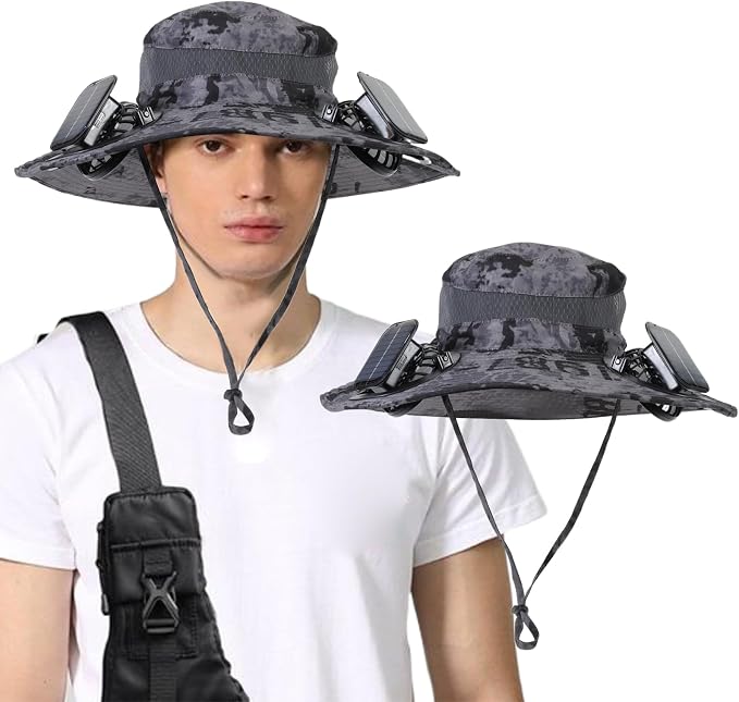 Outdoor Solar Powered Fan Hat for Men Women Breathable Wide Brim Hat with 2 Fans UPF 50+ Fishing Hat Beach Bucket Sun Hat