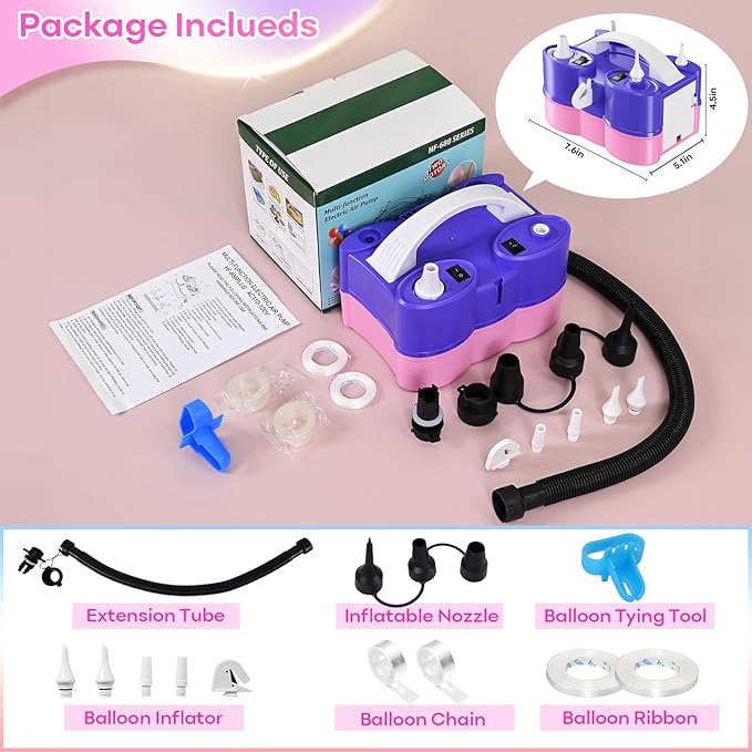 3-in-1 Electric Balloon Pump with Dinosaur Foil Balloons, 3-in-1 Electric Balloon Pump, Portable Electric Air Pump for All Balloons Inflatables Dual Nozzle Balloon Blower Machine