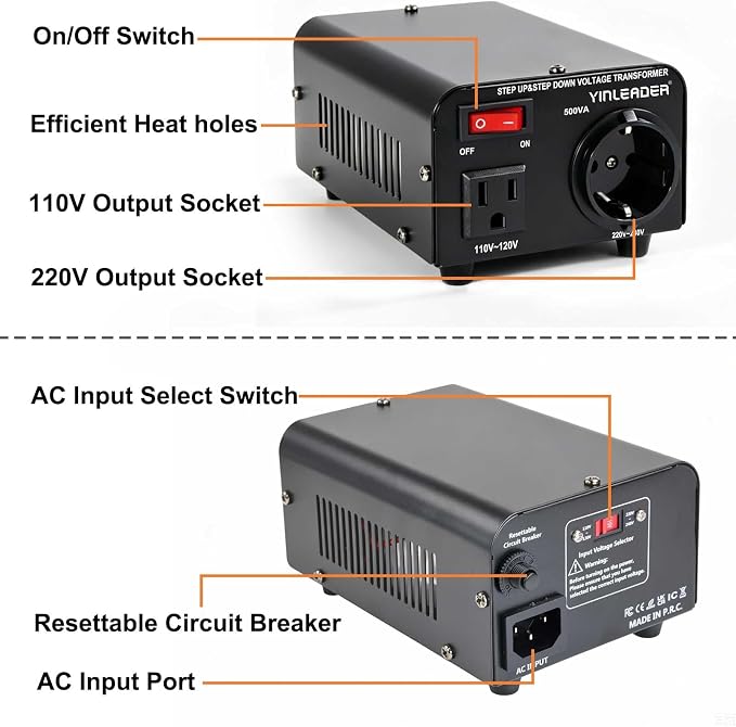 Yinleader 110v to 220v European Voltage Converter Transformer 500W Step Up Converter 110/120 Volt to 220/230/240 Volt or Step Down 220 to 110,[110V US Power Cord Included Only, No 220V Cord]