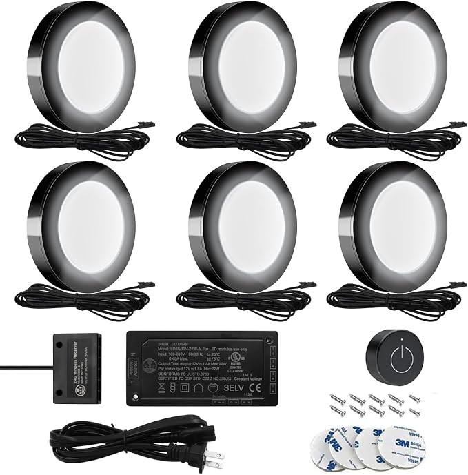 VST Under Cabinet Lighting 12V 2W(12W Total, 60W Equivalent) with Wireless Dimmer Switch, Recessed or Surface Mount Wired Puck Light for Kitchen,Wardrobe, Showcase Display 6 Pack Black 4000K…