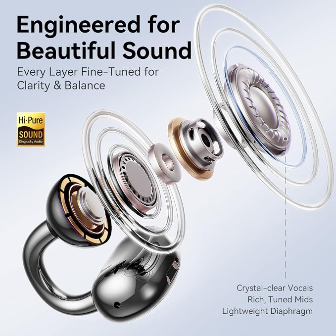 Kinglucky Gen2 Clip-On Earbuds with Butterfly Earrings, Black | Charge & Store Without Removing Earrings, Comfortable Fit, 50H Playtime, Open-Ear Bluetooth Headphones, For Women, Small Ears