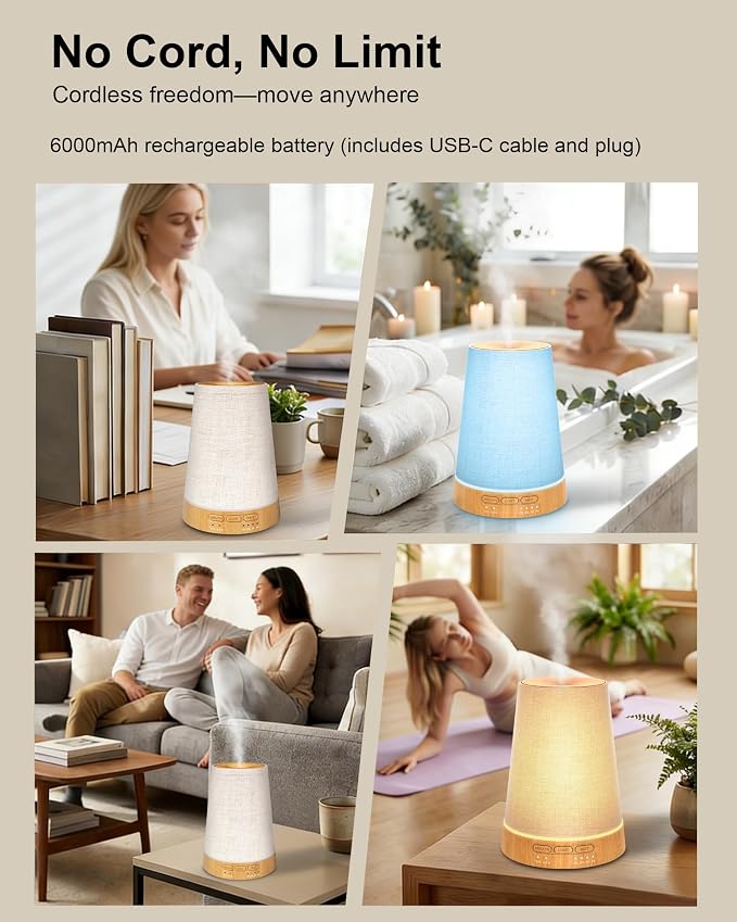 Marchred 150ml Cordless Fabric Essential Oil Diffuser with Guided Breathing Light, Portable Aroma Diffuser with Rechargeable Battery, 7-Color LED & Warm Night Light for Home, Meditation & Relaxation