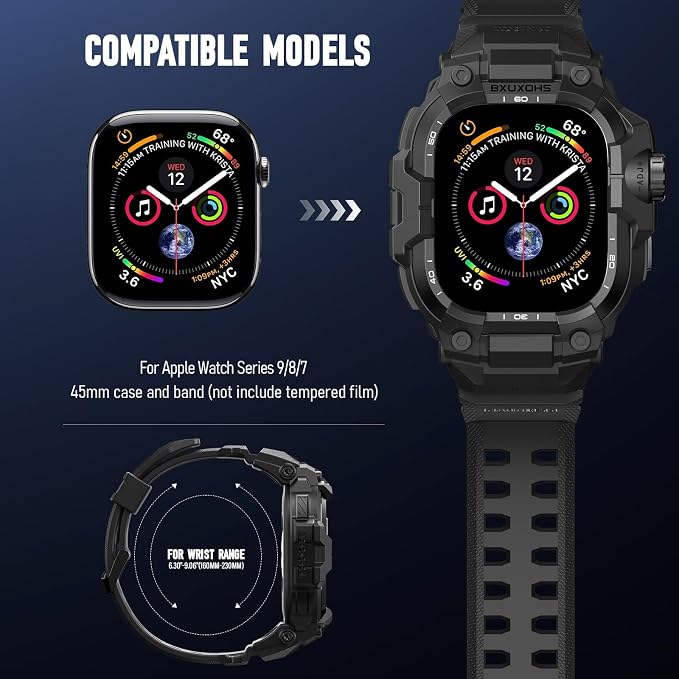 BXUXOHS Rugged Case and Band for Apple Watch 45mm Men, Compatible with Apple Watch Series 9/8/7, Military Grade Shockproof Bumper Cover, Tactical Band Case for iWatch 9/8/7 Man, Black
