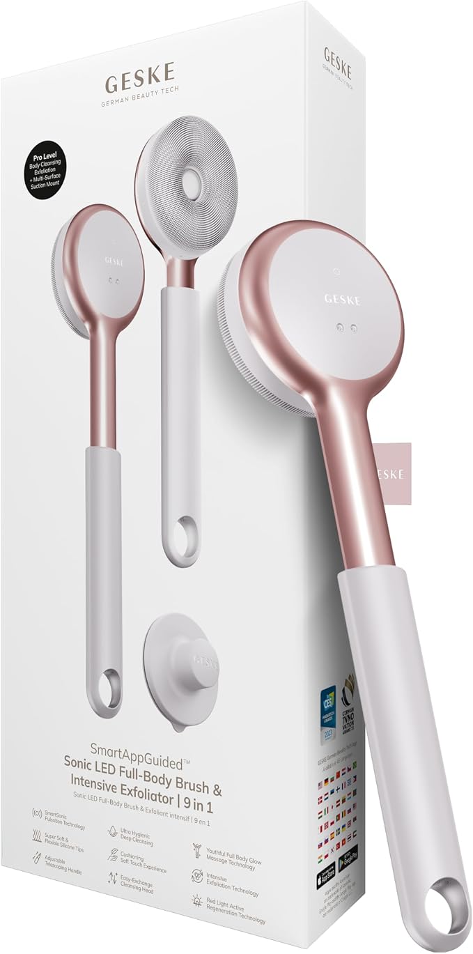 GESKE LED Sonic Full-Body Brush | 9 in 1 | Body Cleansing Brush & Intensive Exfoliator with LED | with SmartSonic Pulsations | Expert Deep Cleansing & Massage | Rough Skin Remover | Adjustable Handle