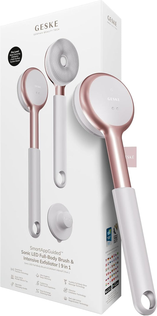 GESKE LED Sonic Full-Body Brush | 9 in 1 | Body Cleansing Brush & Intensive Exfoliator with LED | with SmartSonic Pulsations | Expert Deep Cleansing & Massage | Rough Skin Remover | Adjustable Handle