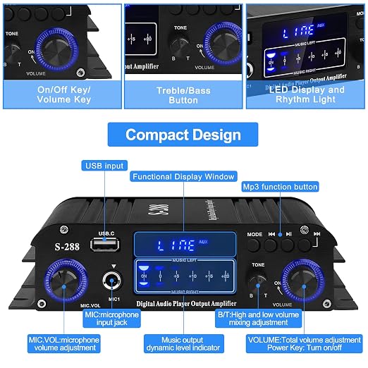 Stereo Audio Amplifier for Home Speakers S-288 Bluetooth 5.0 HiFi Mini Audio Component Amplifiers Receiver 4.0CH RMS 40Wx4 Max. 600W Integrated Power Amp W/USB,FM,Adapter