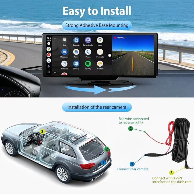 10.26" Portable Wireless CarPlay Screen for Car, Carplay & Android Auto Touchscreen with 4K Dash Cam, 1080P Backup Camera, 64GB SD Card, Apple Carplay Screen with GPS, Airplay, Mirror Link