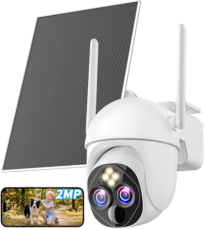 Dual-Lens Solar Security Cameras Wireless Outdoor, 10x Zoom to See Further 360 PTZ WiFi Camera for Home Security with Color Night Vision, AI Body Detection, 2-Way Audio, Spotlight Siren Alarm
