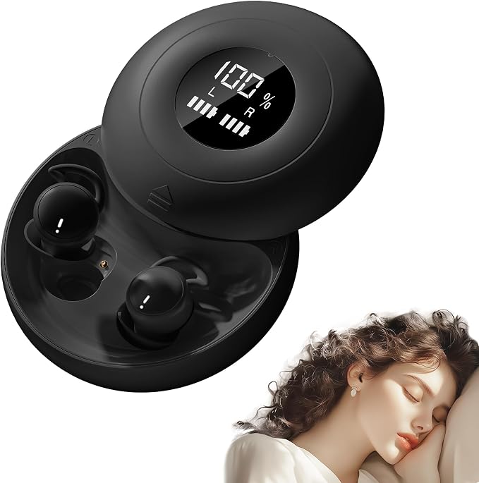 Sleep Earbuds Bluetooth 6.0, Mini Invisible Silicone Sleep Earbuds for Side Sleepers, Noise Blocking Sleeping Headphones, Hidden Earbuds with LED Display for Small Ears, Sleep & Relax - Black