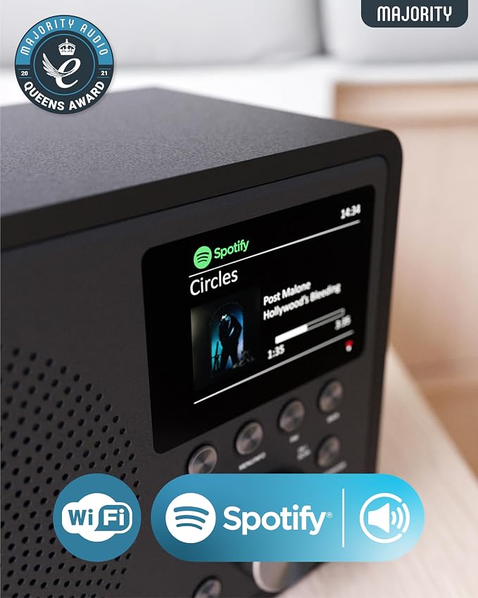 Internet Radio for Home with WiFi and FM | DSP Speaker Perfect for Bedroom, Kitchen, and Living Room Use | FM, Spotify Connect, Multi-Alarm, Frontier Oktiv App Control | Majority Touro