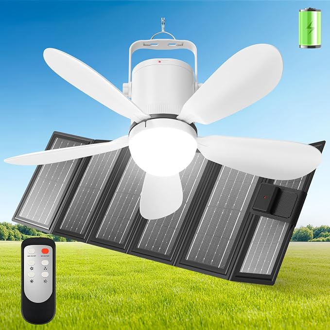 21” Solar Ceiling Fan Light, Battery Operated Camping Fan with Remote Contorl & 30W Portable Foldable Solar Panel, Rechargeable Gazebo Fan Light Outside for Tent Canopy Pergola Travel