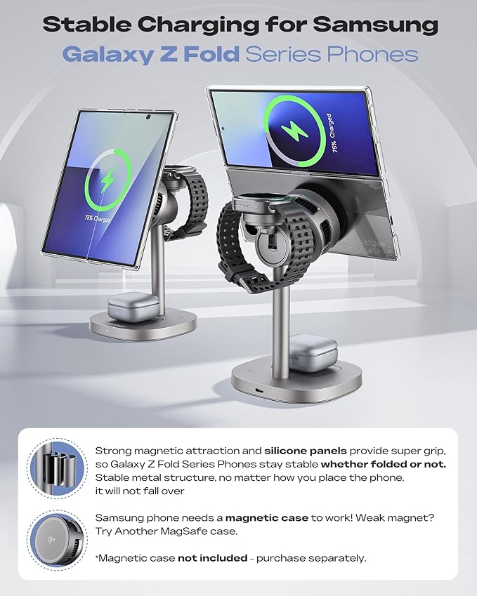 Augnner Magnetic Wireless Charger for Samsung, 15W Certified Fast 3 in 1 Charging Station with TEC Active Cooling Compatible with Samsung Galaxy S26Ultra/S25/Z Fold /Flip7, Samsung Watch/ Buds4Pro