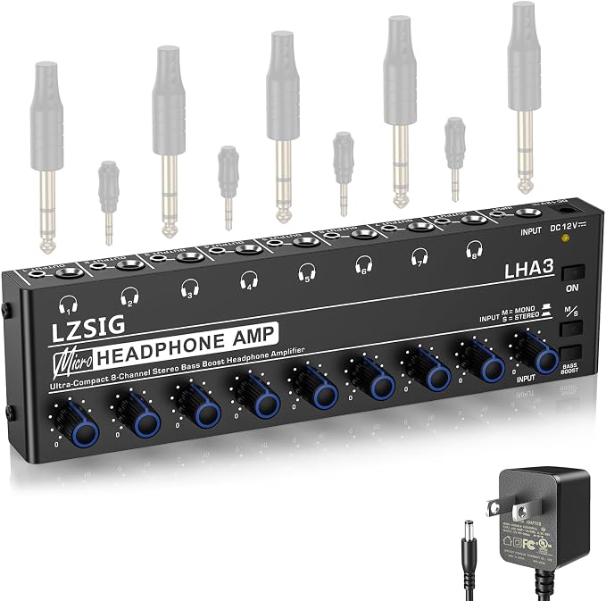 LZSIG Headphone Amplifier with Bass Boost, 8 Channel, 1 IN 8 OUT, DC 12V | Metal Stereo Audio Amplifier, Mini Earphone Splitter with Power Adapter, 1/4" & 1/8" TRS Headphones Output & TRS Audio Input