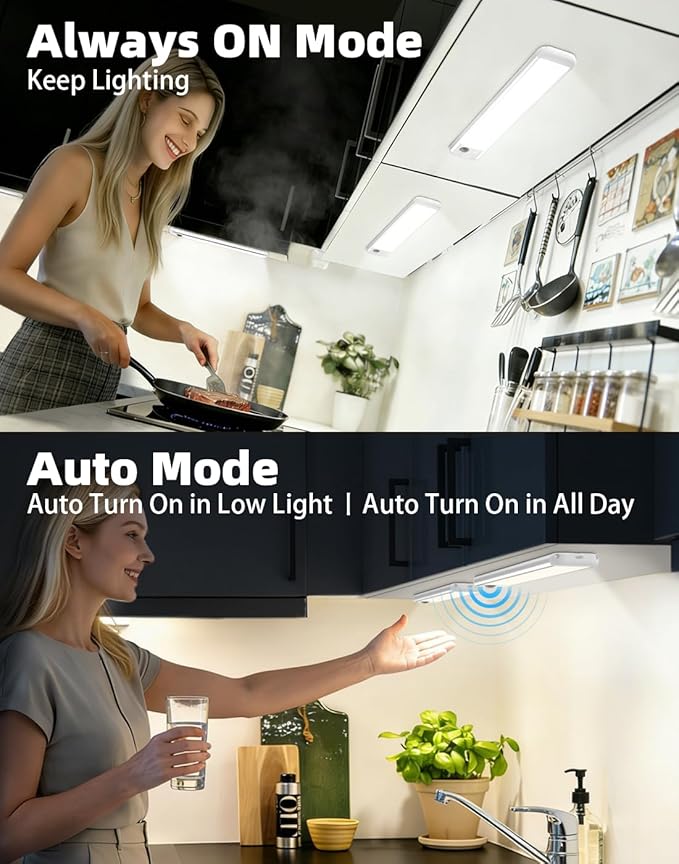 RUIKORING Under Cabinet Lighting, 3 Colors, Motion Sensor Light Indoor, LED Rechargeable Closet Lights Battery Operated, Dimmable Night, Stick-On Magnetic Cabinet Lights for Kitchen Stairs Hallway