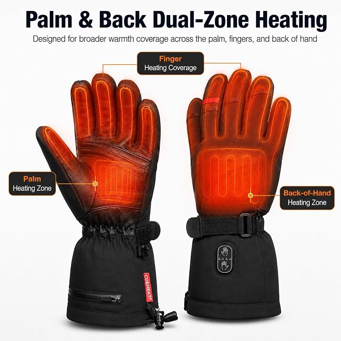 CUEHEAT Heated Gloves, Palm & Back Double Heating, Winter Outdoor Windproof Warm Thick Gloves, Battery-Powered Hand Warmer