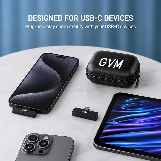 GVM CM2 Wireless Lavalier Microphone, USB-C Clip-On Mic for iPhone 15/16/17 & Android, Mini Mic with Noise Cancelling and Charging Case for Content Creation, Vlogging, Podcast & Streaming