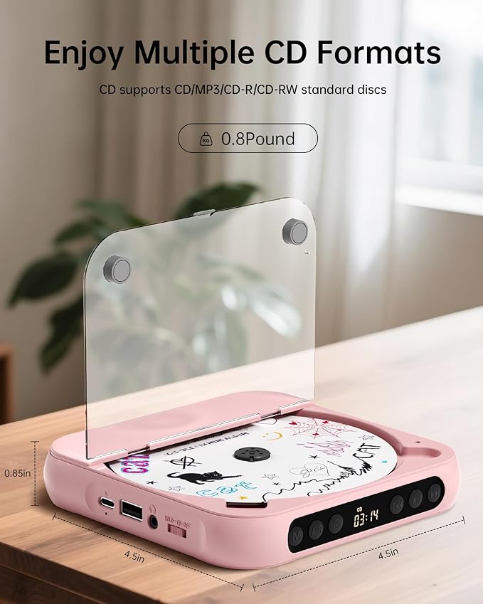 ENVYCLOUD CD Player Portable with Dual Stereo Speakers, Rechargeable Portable CD Player with Bluetooth for Home with Headphones, Support CD/AUX/USB,Pink