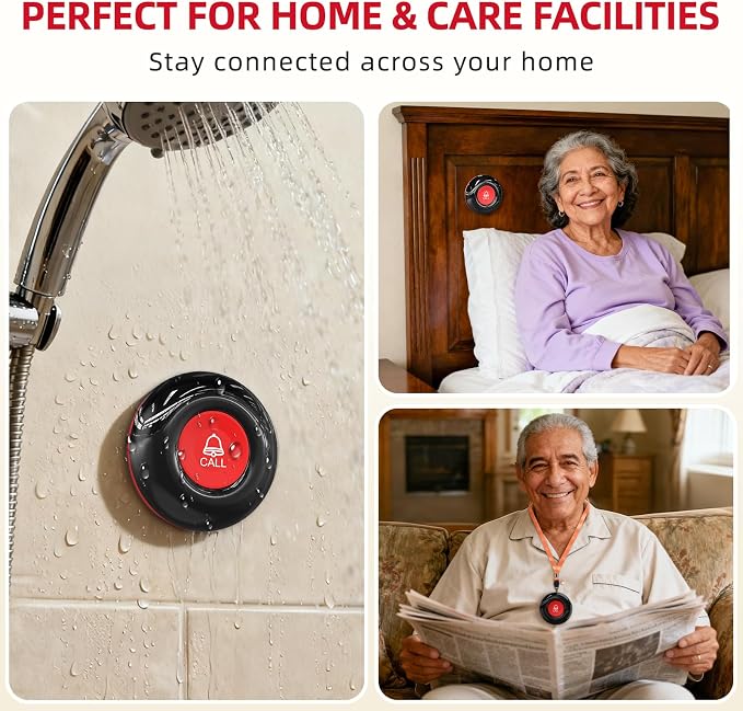 CallToU Caregiver Pager Wireless Call Button for Elderly at Home, 500+ ft Open Area Long Range Through Walls, 2 Plug-in Receivers and 4 Waterproof SOS Buttons, Multi-Room Care