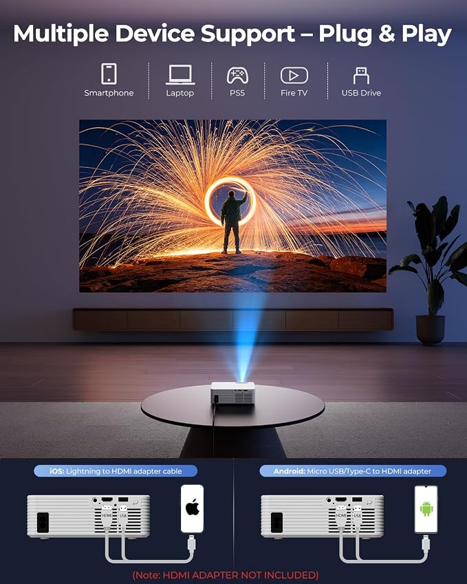 Mini Projector for iPhone, ELEPHAS Portable Projector for Bedroom | Built-in Speaker, 1080P Support, Small Pocket Movie Proyector Compatible with Android/iOS/Windows/TV Stick/HDMI/USB
