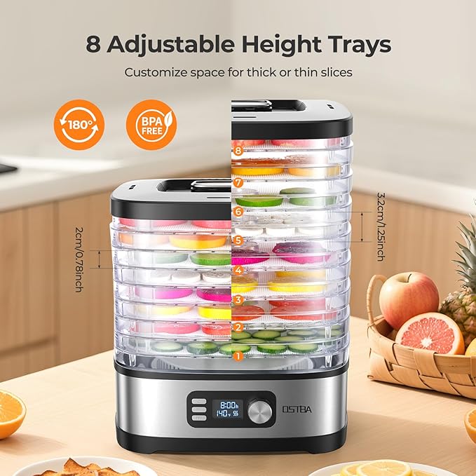 OSTBA 8-Tray Food Dehydrator, 72H Timer & Temp Control up to 158℉, Includes 8 Mesh Sheets, 1 Fruit Roll Tray, 1 Tongs, Recipe Book for Jerky, Fruit, Meat, Vegetables, Herbs, BPA-Free
