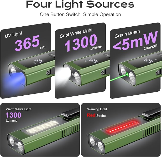 EDC Flashlight 4 in 1 Pocket Magnetic Slim Flat Flashlight High Lumens Work Light with Green Beam & UV Light & Warning Light Combo EDC Rechargeable LT-010 (Green Color)