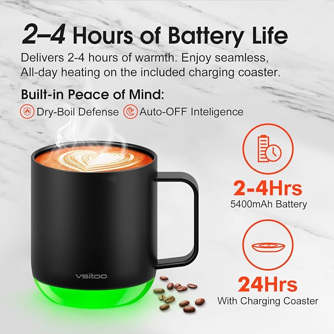 Vsitoo S6 Plus 12oz Smart Self Heating Coffee Mug, AI Auto-Sensing Heated Espresso Mug Temp Control 120-150℉, Rechargeable Mug Warmer with Music LED, IPX7 Gift for Women Men- Black
