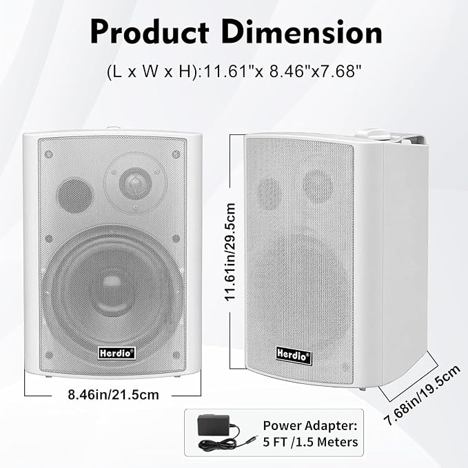 Herdio 6.5" 400W Outdoor Bluetooth Speakers, IPX5 Waterproof Rating and Be Able to Wireless Multi-Connection Up to 20 Units for Patio/Porch/Balcony (White, 2-Pack)